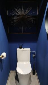 een badkamer met een wit toilet in een blauwe muur bij Love room Saphir in Niederbetschdorf