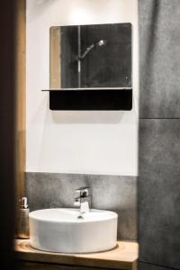 a bathroom with a white sink and a mirror at Apartment Place Stanislas 3 in Nancy