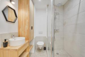 een badkamer met een wastafel, een toilet en een douche bij Appartement Place Stanislas 4eme in Nancy