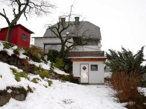 een huis in de sneeuw met een rood huis bij Helle Wohnung bei Willingen mit Terrasse in Willingen
