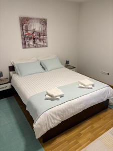 萨拉热窝Plavo oko的一间卧室，有一张大床，床上有两条毛巾