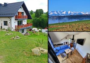 three pictures of a house with a view of the mountains at Apartamenty Widokówka in Grywałd