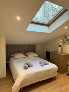 a bedroom with a large bed with a skylight at Nancy Green Stan' in Nancy