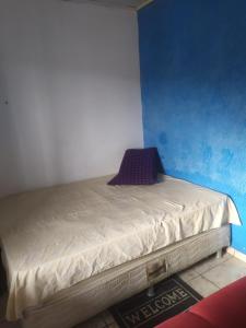 a bed in a room with a blue wall at Lais in Lençóis