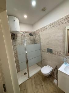 a bathroom with a shower and a toilet and a sink at Loft Deluxe Clary in Bari