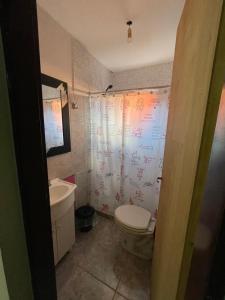 Un baño con inodoro y cortina de ducha. en Hospedaje don bolke, en Gobernador Gregores