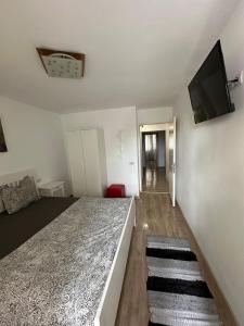 a bedroom with a bed and a flat screen tv at Karolina Apartment in Alba Iulia