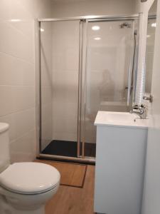 a bathroom with a shower and a toilet and a sink at Habitación doble ALAMEDA CENTRO MACARENA in Seville