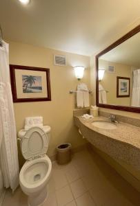a bathroom with a toilet and a sink and a mirror at ACP Hotel Houston Westchase, MOD Collection by Sonesta in Houston