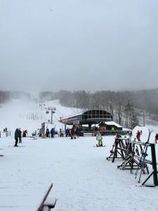 Stylish Forest Lodge with Large Hot Tub, Firepit and Fireplace minutes to Gore Mountain في North Creek: مجموعة من الناس على منحدر تزلج مغطى بالثلج