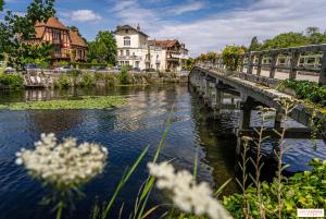 a bridge over a river with houses and flowers at Countryside Cottage samois-sur-seine in Samois-sur-Seine
