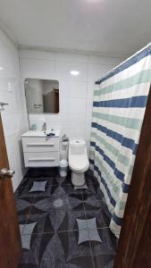 a bathroom with a toilet and a sink and a mirror at Casa Equipada Piscina Quincho Refugio Los Cerezos in Estación Cuñibal +4 photos