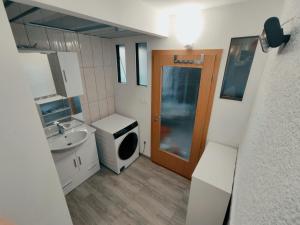 a small bathroom with a sink and a washing machine at House IZI - parking, garden, 8 min ride to center in Maribor +27 photos