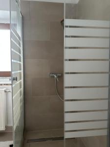 una doccia con una porta in vetro in un bagno di Lillys Appartement 3 in 3430 Tulln a Tulln Altre 16 foto