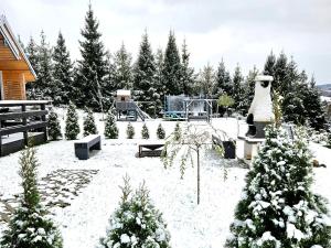 een met sneeuw bedekte tuin met een speeltuin en bomen bij Bieszczadzka Pauza in Polańczyk