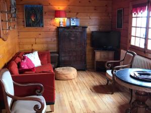 un soggiorno con un divano e una TV di Chalet atypique près des pistes, 9 pers., sculptures uniques - FR-1-814-49 a Besse-et-Saint-Anastaise