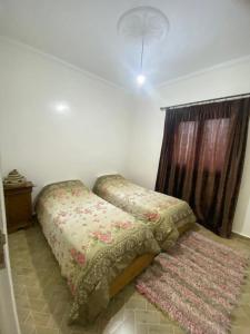 a bedroom with two beds and a rug at Appartement of Habiba in Essaouira