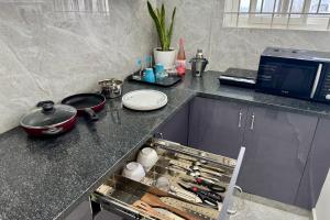 a kitchen counter with a drawer full of cooking utensils at Truelife Whitefield - Premium 1 BHK Apartments - Prime location - Easy access to Main Rd - Metro - ITPL - Fast WiFi - Kitchen - Smart TV - Power backup - Park - Garden views in Bengaluru