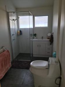 a bathroom with a shower and a toilet and a sink at The Dairy FarmGate366 Blackhead Road in Hallidays Point