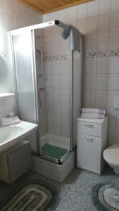 a bathroom with a shower with a sink and a toilet at Sonnenappartement in Mayrhofen +63 photos