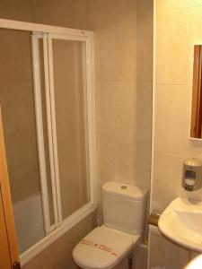 uma casa de banho com um chuveiro, um WC e um lavatório. em Pensió Sant Antoni em Palau d'Anglesola