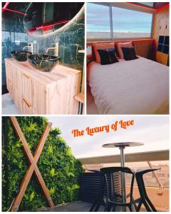 a collage of three pictures with a bed and a table at Village Naturiste Cap d'Agde le Luxury of Love Vue mer in Cap d'Agde