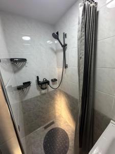 ein Bad mit Dusche und Duschvorhang in der Unterkunft Registan view apartment in Samarkand