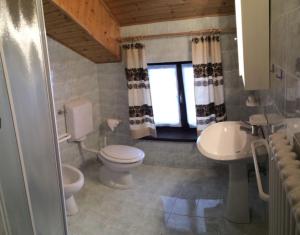 een badkamer met toilet, wastafel en raam bij Altipiani Trentini in Lavarone +7 foto's