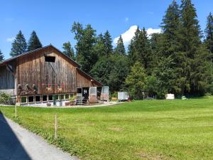 a large wooden barn in a field with trees at Vögelhof in Doren