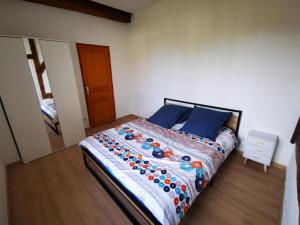 ein Schlafzimmer mit einem großen Bett mit blauen Kissen in der Unterkunft Aux portes de Chambord in Dhuizon + 9 Fotos