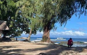 a woman walking along a beach with a tree at Shanti Farm Bamboo Cabin in Panglao Island +1 photo