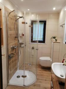 a bathroom with a shower and a sink at Ferienwohnung Stilla Traurig in Arrach