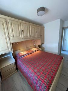 een slaapkamer met een bed met een geruite deken bij Bellaria Apartment Mountain View in Predazzo