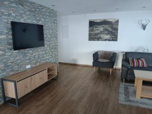 a living room with a couch and a tv on a brick wall at Apart Trisanna in Kappl