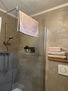 una doccia con porta a vetri e alcuni asciugamani di Großzügiges Tiny House a Sumte