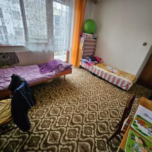 a bedroom with two twin beds and a window at Izba v dome manželská dvojposteľ in Svidník