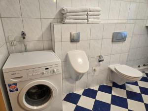 a bathroom with a washing machine and a toilet at Apartments Empede in Neustadt am Rübenberge