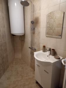 a bathroom with a sink and a shower at Стаи за гости VIVIA in Veliko Tŭrnovo