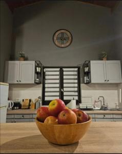 a bowl of apples sitting on a table in a kitchen at Apartman Malus in Gornji Vukojevac