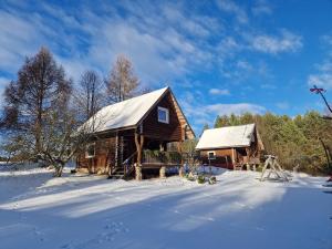 a log cabin with snow on the ground at Likimo ratas in Paliepis