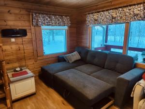 a living room with a couch and two windows at Kivitasku in Kalajoki