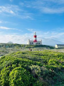 a red and white lighthouse on top of a field at Sakkie se Dakkie in Agulhas +11 photos