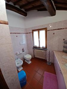 Un baño con inodoro, lavabo y ventana. en Chez Fredy, en Camaiore
