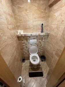 a bathroom with a toilet in a tiled room at Apartmán Pohoda in Břeclav