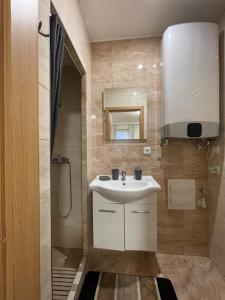 a bathroom with a sink and a shower at Apartmán Pohoda in Břeclav