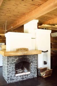a fireplace with two white boxes on top of it at Pakaso sodyba, šiaurinė pusė in Kirdeikiai +5 photos