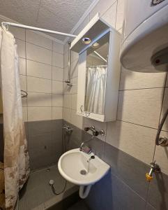 a small bathroom with a sink and a mirror at Apartmani Tara Vila Isidora in Bajina Bašta