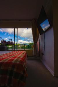 a bedroom with a bed and a large window at Hermosa vista laguna tres Pascualas in Concepción