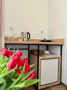 a bunch of red tulips in front of a kitchen counter at Karkonoskie Widoki Apartamenty in Karpacz