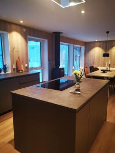 a kitchen with a large island with a counter top at Lofoten Seaview apartment in Vestvågøya
